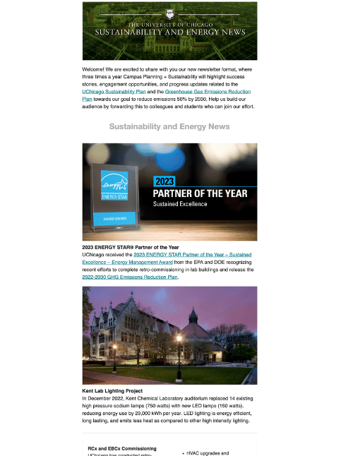 A sample of the Summer 2023 Sustainability and Energy newsletter, featuring a green banner, an Energy Star award image, and the Kent Hall building 