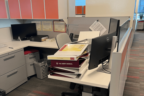 Binders clutter a cubicle space