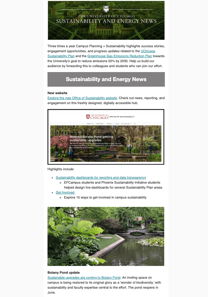 The first few feet of the UChicago Sustainability newsletter with banner, images of website and Botany Pond