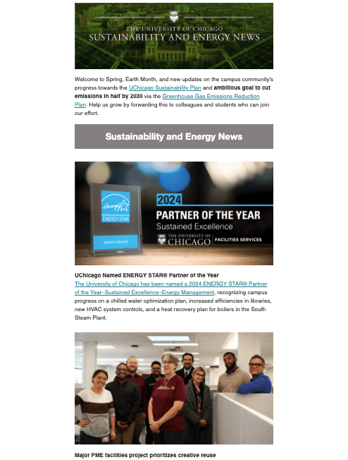 The Spring 2024 UChicago Sustainability and Energy News thumbnail shows stories about the ENERGY STAR award and creative reuse in campus planning